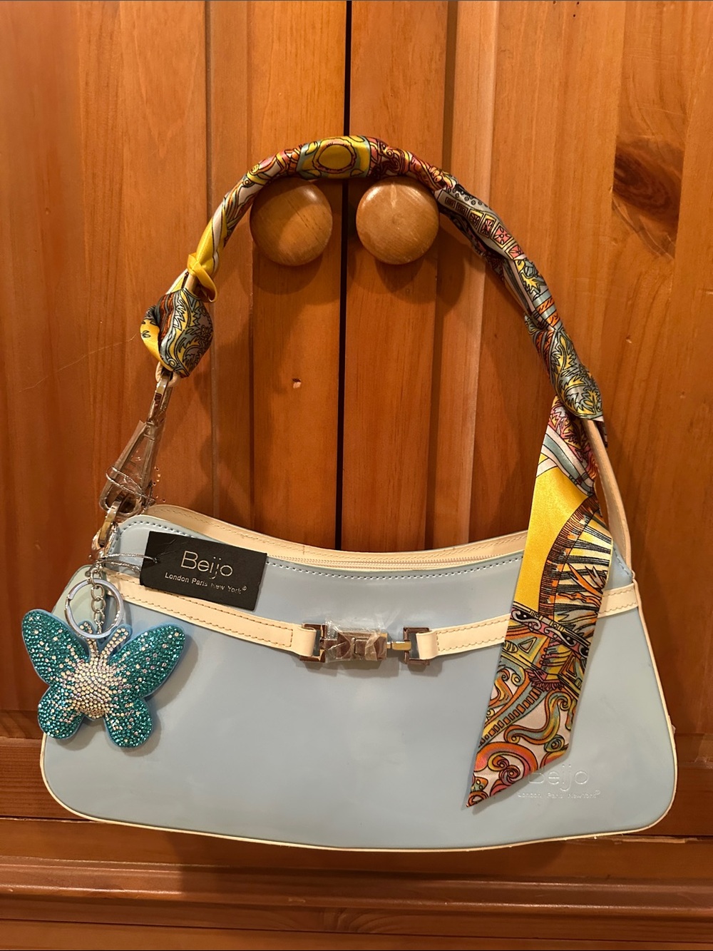 Beijo Pale Blue Patent Shoulder Bag with Yellow Scarf and Turquoise Charm